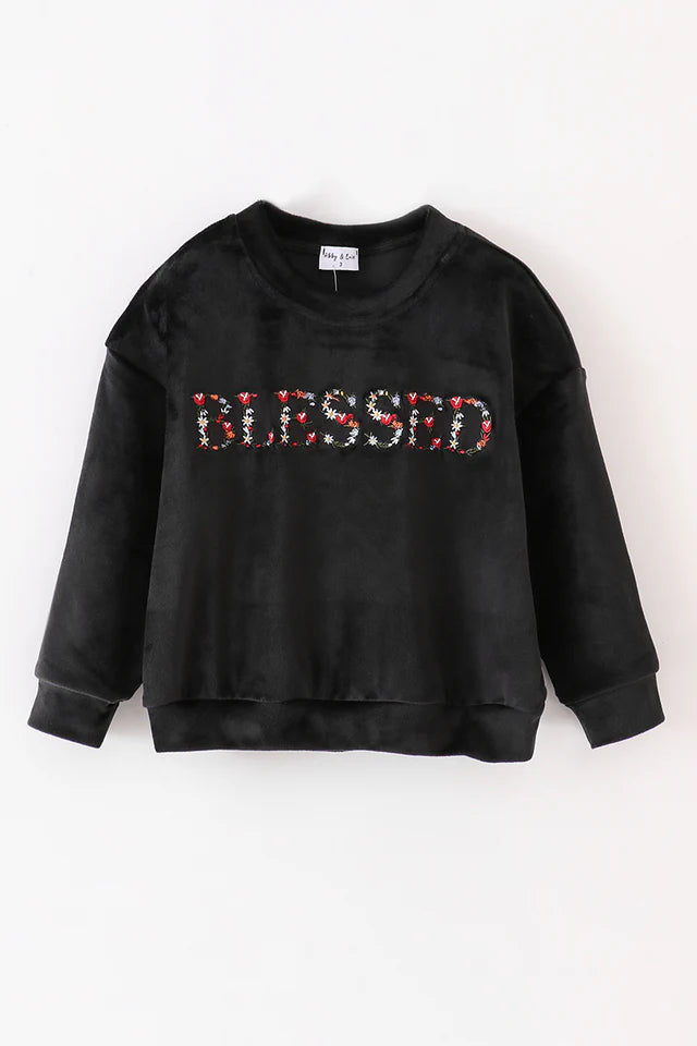 Black velvet BLESSED embroidery sweatshirt