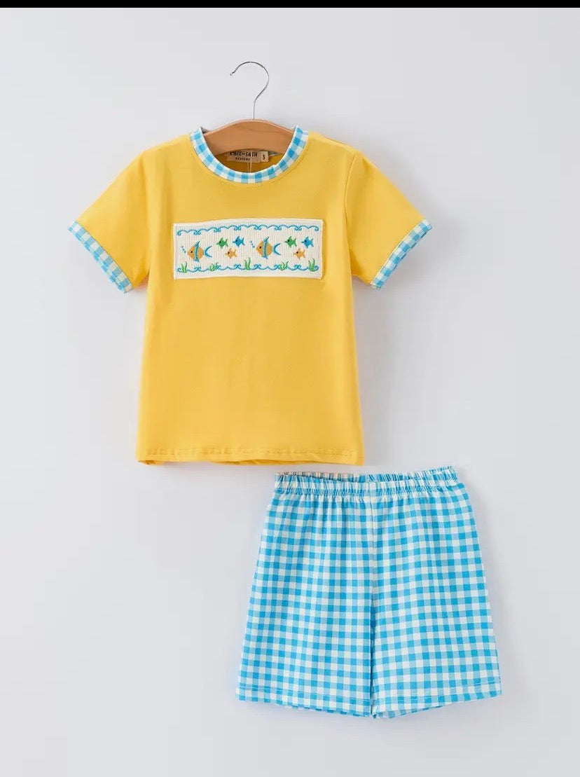Fish Embroidery Smocking Plaid Boys' Set