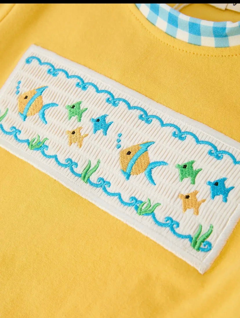 Fish Embroidery Smocking Plaid Boys' Set