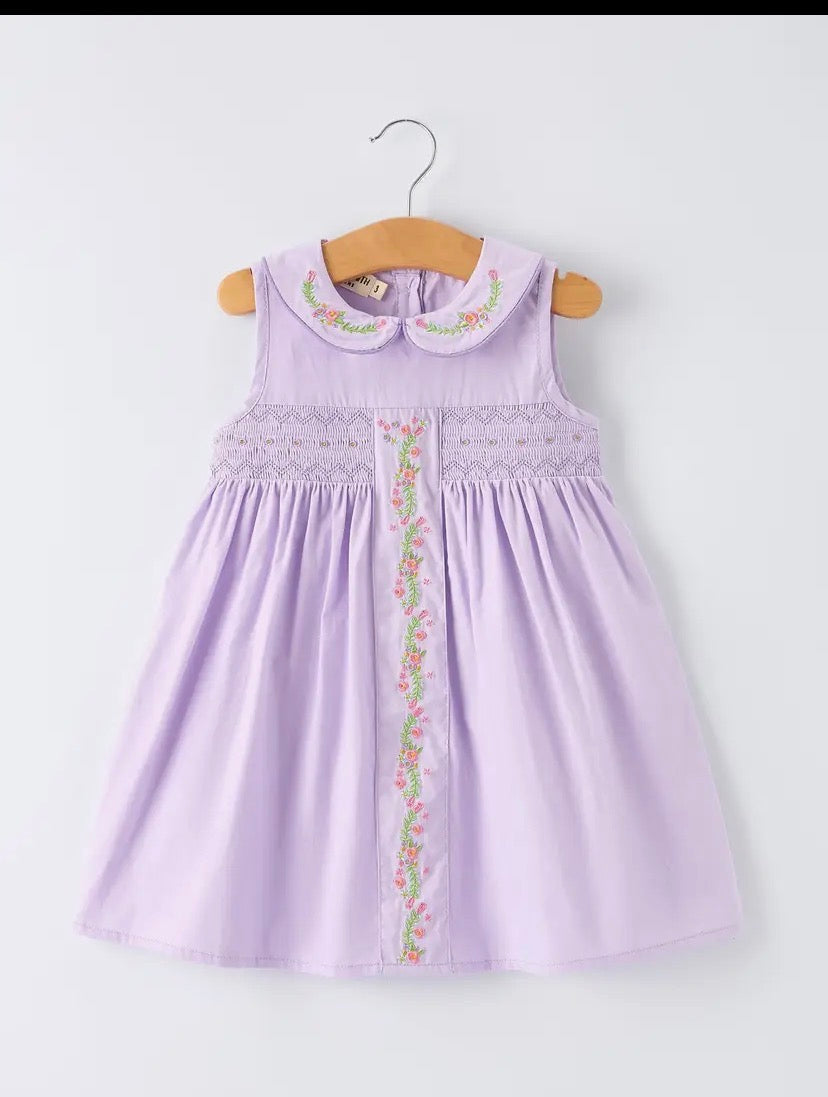 Floral Embroidered Girl Dress with Lavender Peter Pan Collar