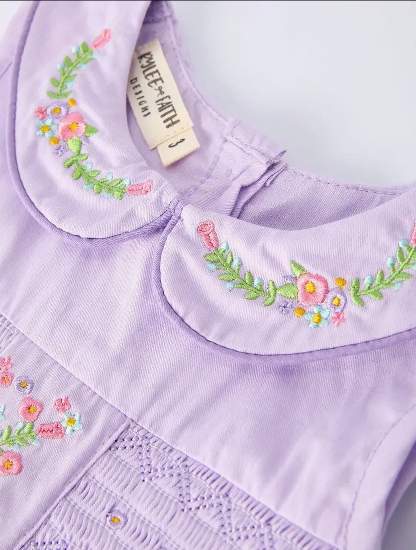 Floral Embroidered Girl Dress with Lavender Peter Pan Collar