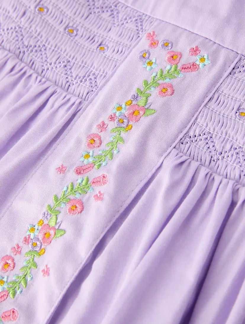 Floral Embroidered Girl Dress with Lavender Peter Pan Collar