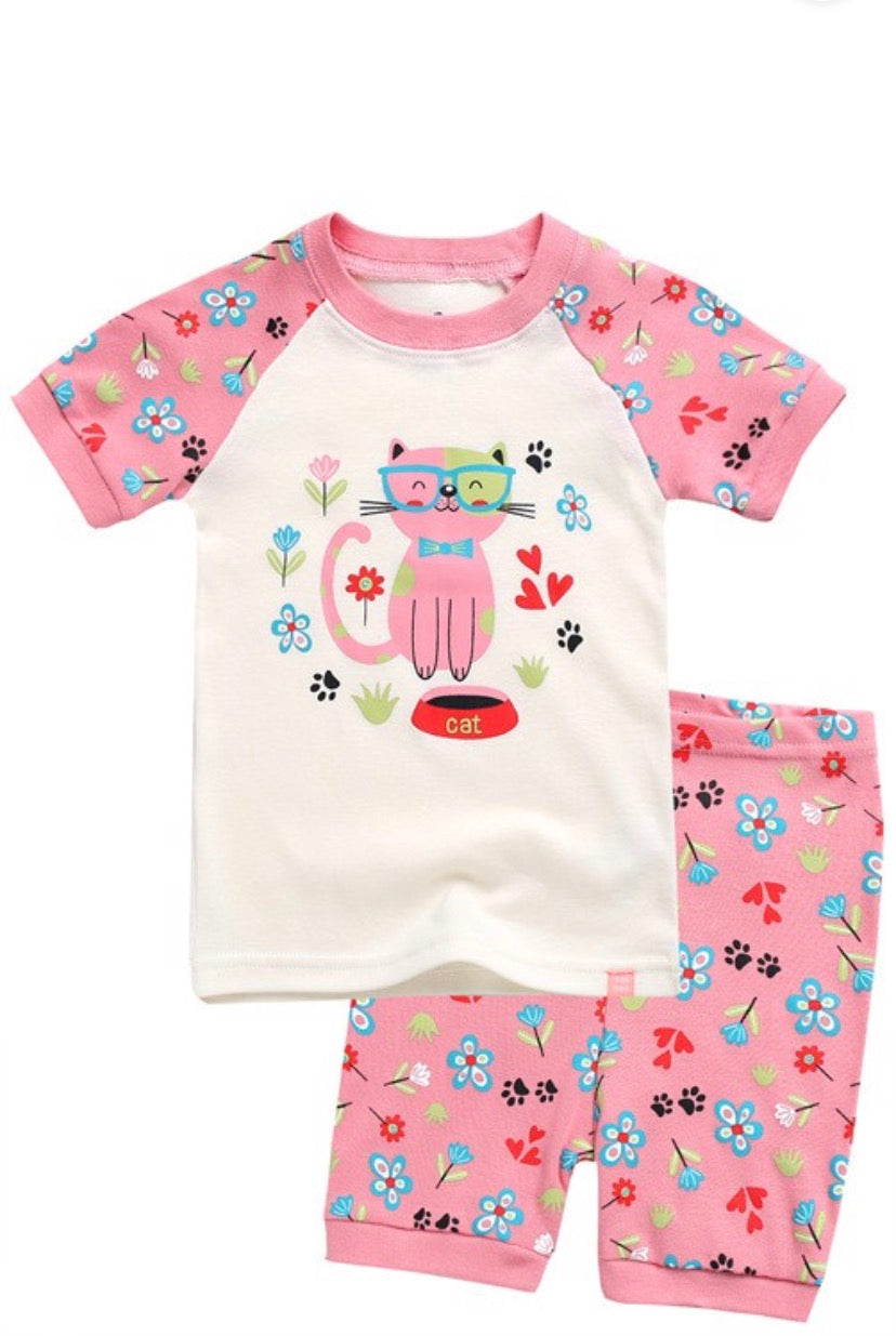 Flower Cat Short Sleeve Pajamas