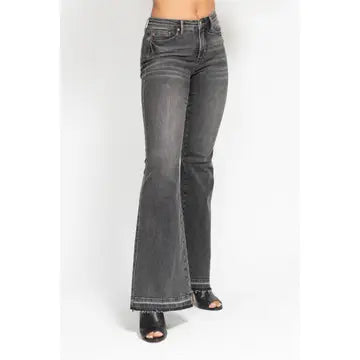 Judy Blue Mid Rise Tummy Control Washed Gray Release Hem Flare