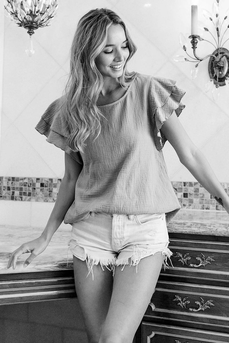 Ruffle Sleeve Wrinkled Cotton Gauze Top-Mint