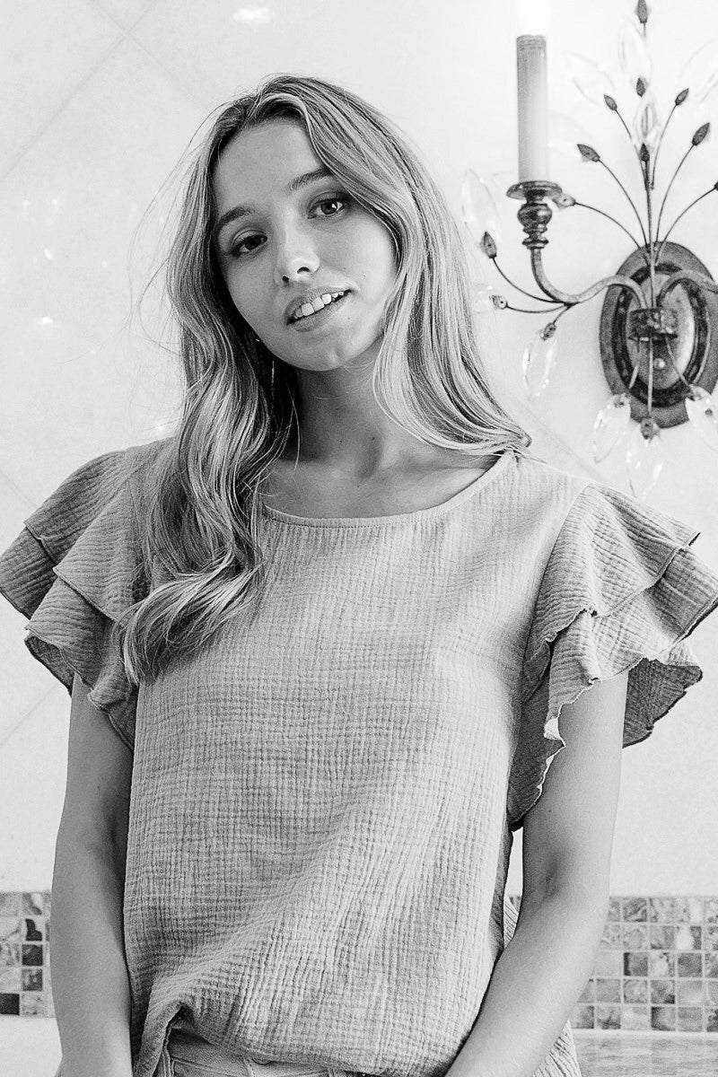 Ruffle Sleeve Wrinkled Cotton Gauze Top-Mint