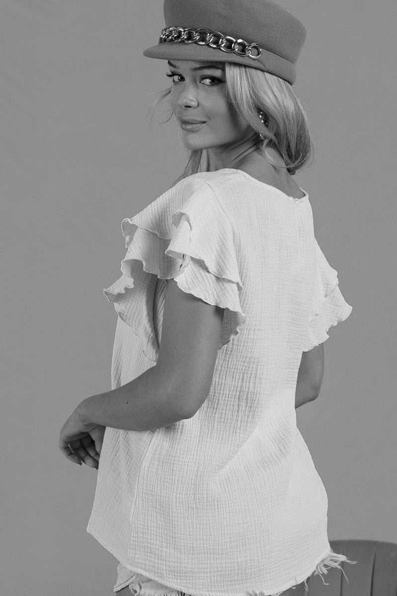 Ruffle Sleeve Wrinkled Cotton Gauze Top-Mint