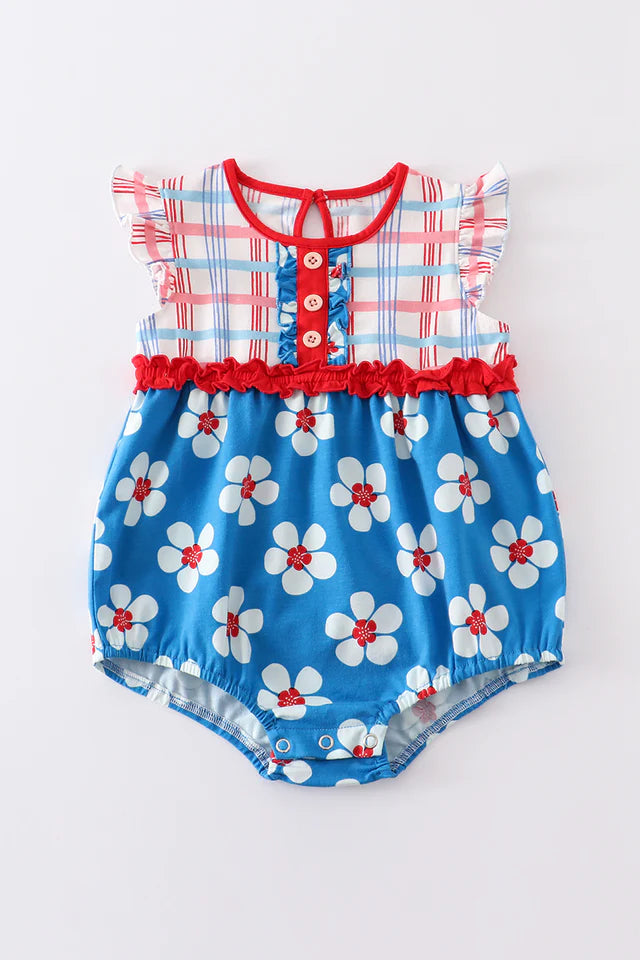 Blue & White Floral Print Ruffle Romper