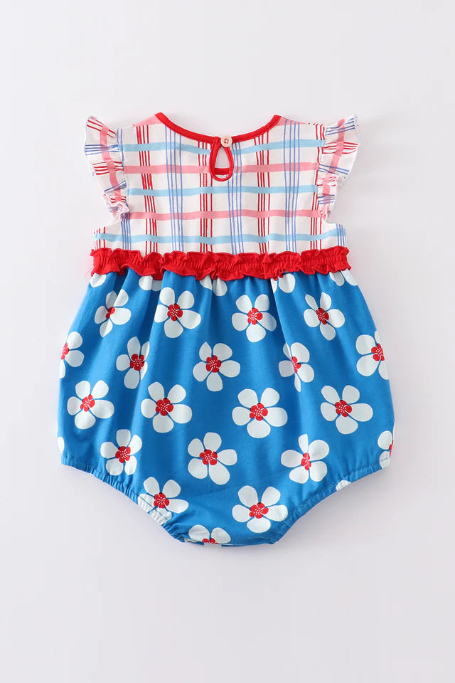 Blue & White Floral Print Ruffle Romper